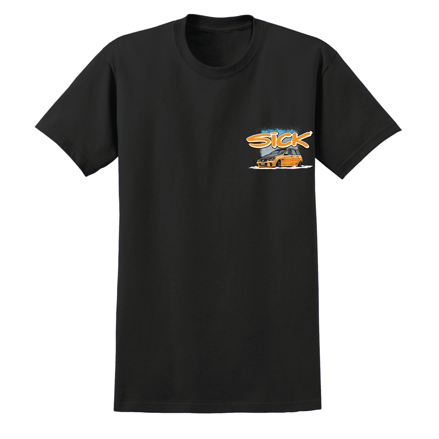 Black t-shirt with a graphic design on the chest against a white background