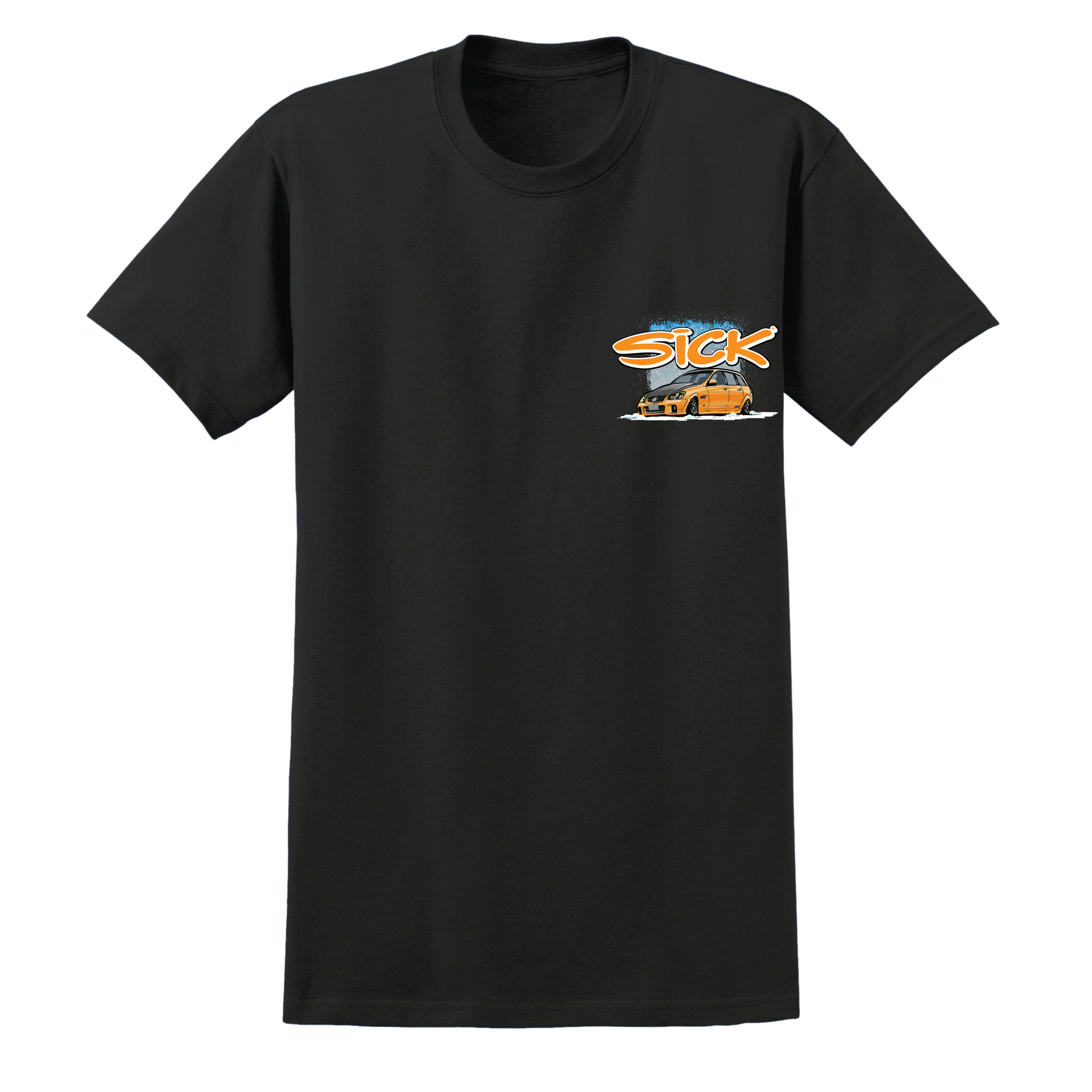 Black t-shirt with a graphic design on the chest against a white background