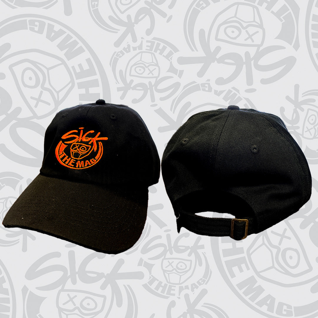 Black with Orange Logo Buckle Hat, front and back view