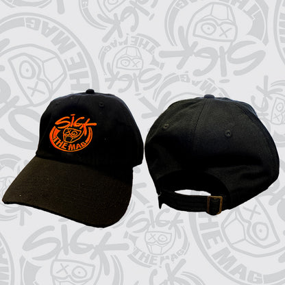 Black with Orange Logo Buckle Hat, front and back view