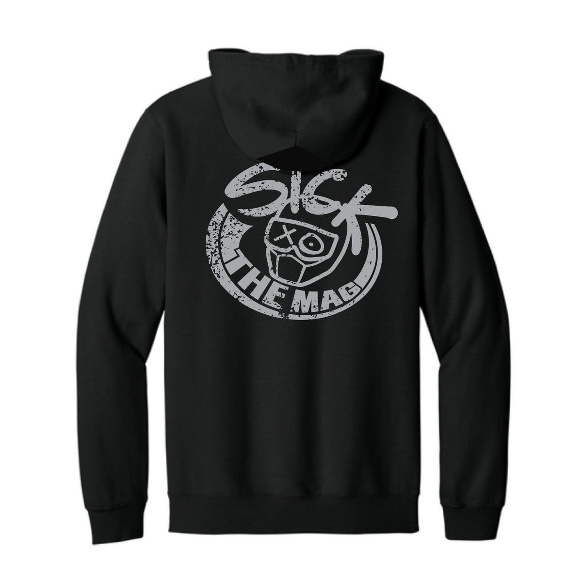 Sick The Mag Black Zip-Up Hoodie, back with large grey distressed logo