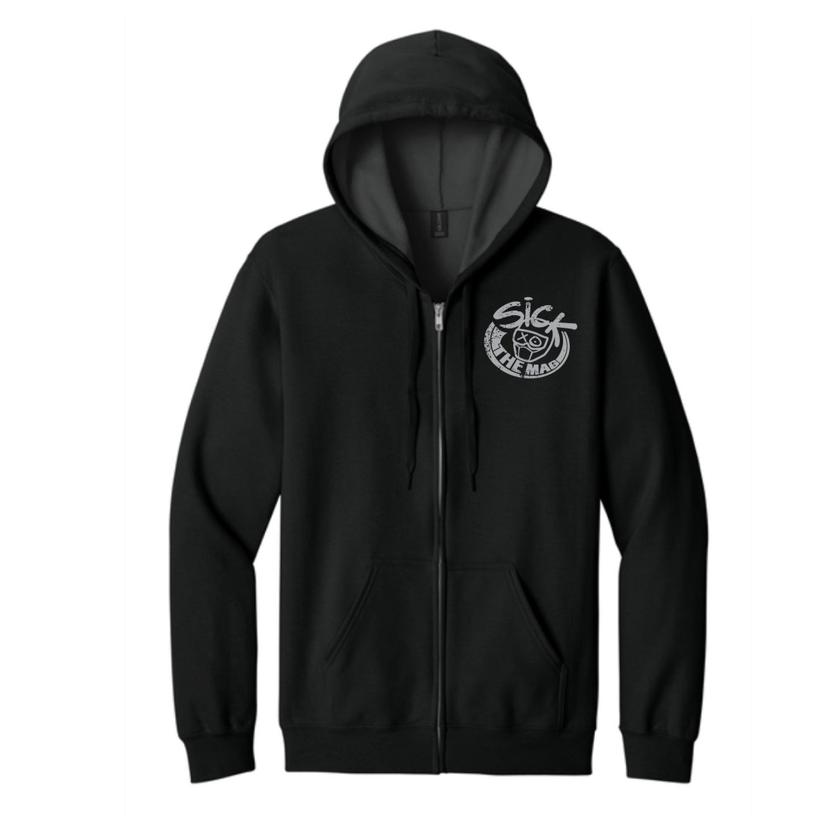 Sick The Mag Black Zip-Up Hoodie, front with grey distressed chest logo