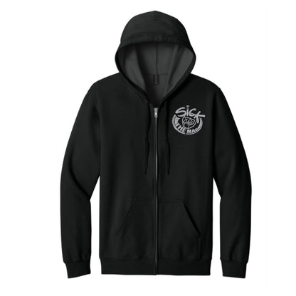 Sick The Mag Black Zip-Up Hoodie, front with grey distressed chest logo