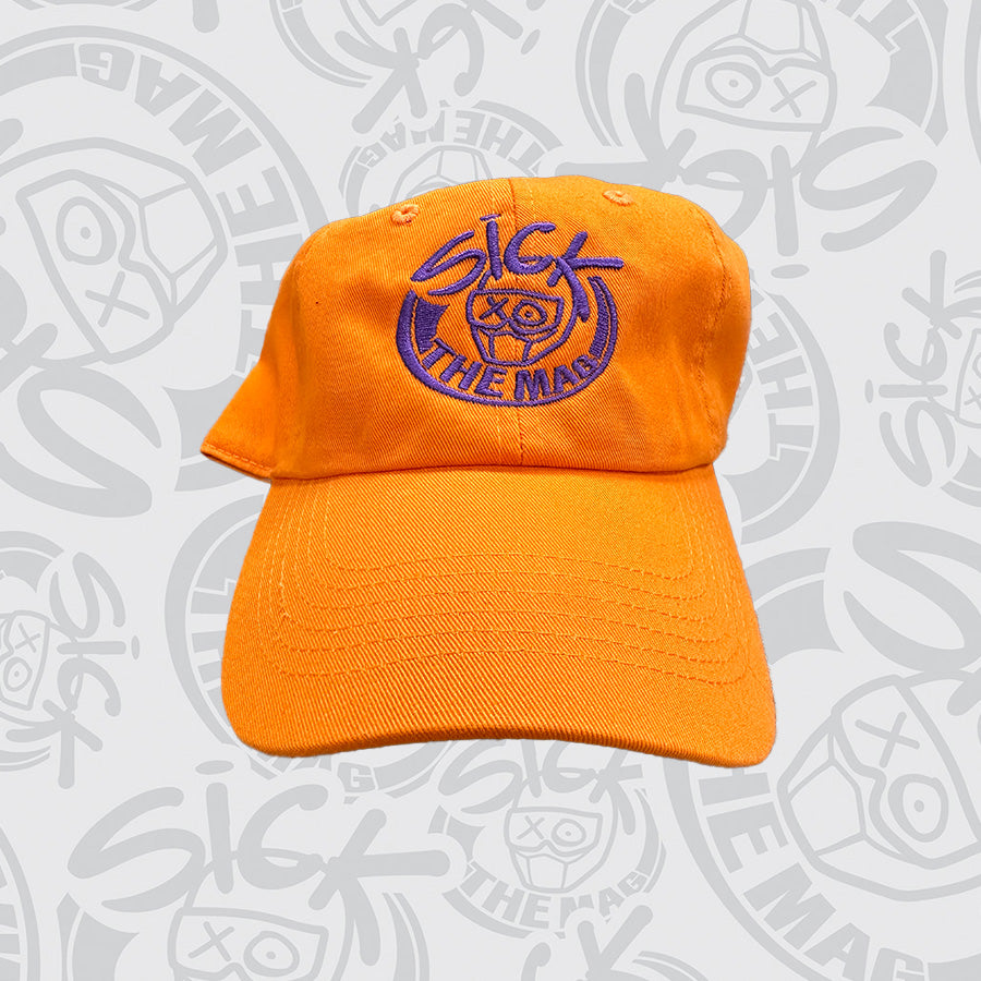 Orange with Purple Logo Buckle Hat, front view