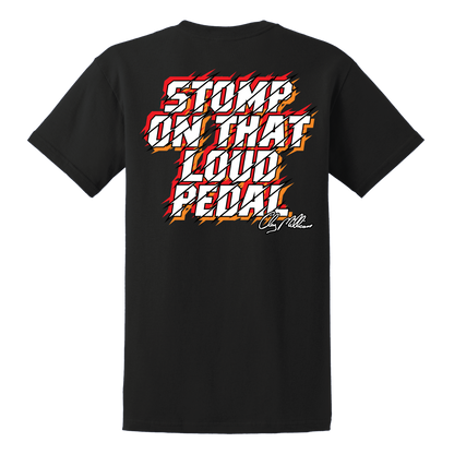 Clay Millican Stomp On That Loud Pedal T-Shirt (Black), back