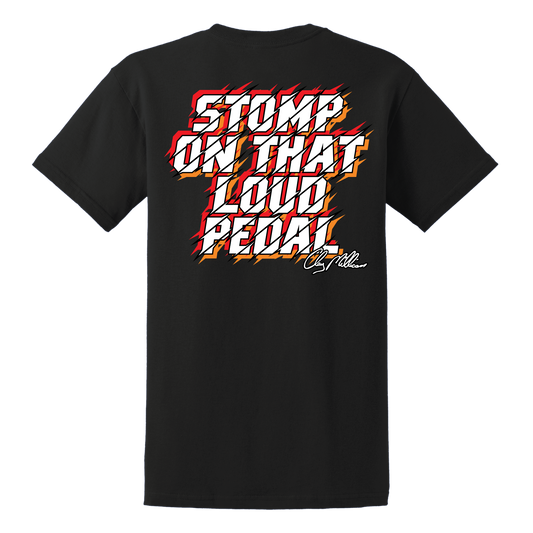 Clay Millican Stomp On That Loud Pedal T-Shirt (Black), back